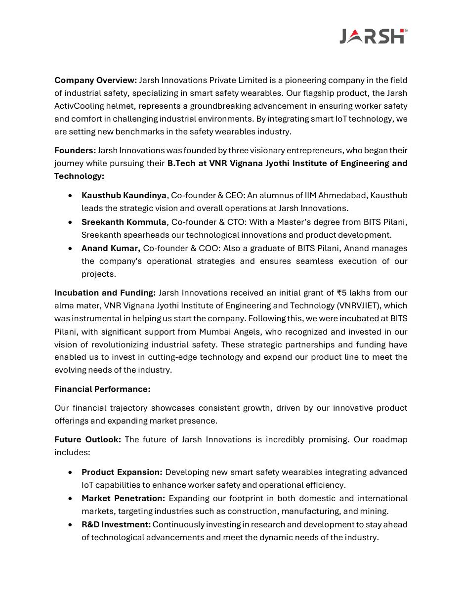 Jarsh Innovations success story poster — ActivCooling helmet and company milestones